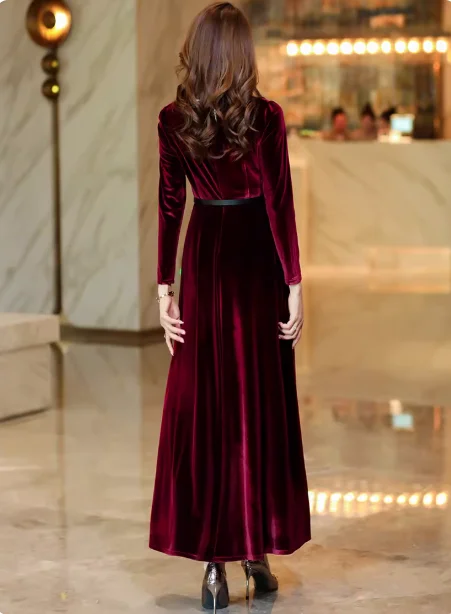 Herfst Winter Woon-werkstijl Afslankende bordeauxrode fluwelen lange jurk Feestdatum Lange mouw Ronde hals Marineblauwe taillejurk