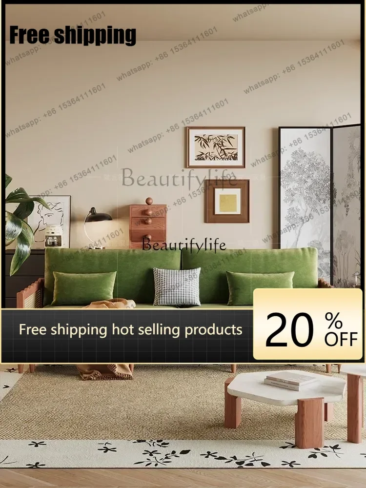 Solid wood sofa living room three-person straight row simple French retro fabric sofaFactory Direct