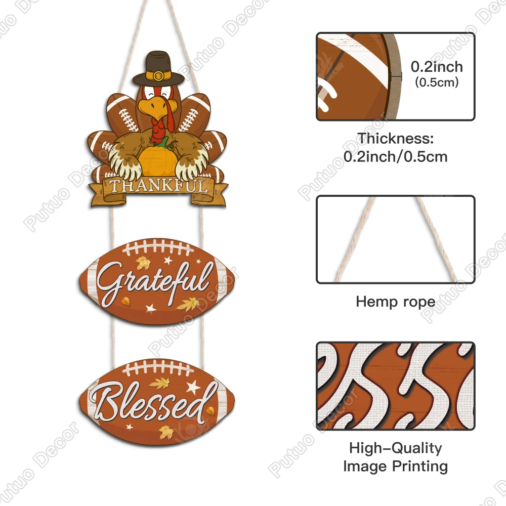 Putuo Decor-Rugby Ball Shape Wooden Door Decoration, Suitable for Families Farmhouse and Living Room, Thanksgiving Gift, 3 Pcs