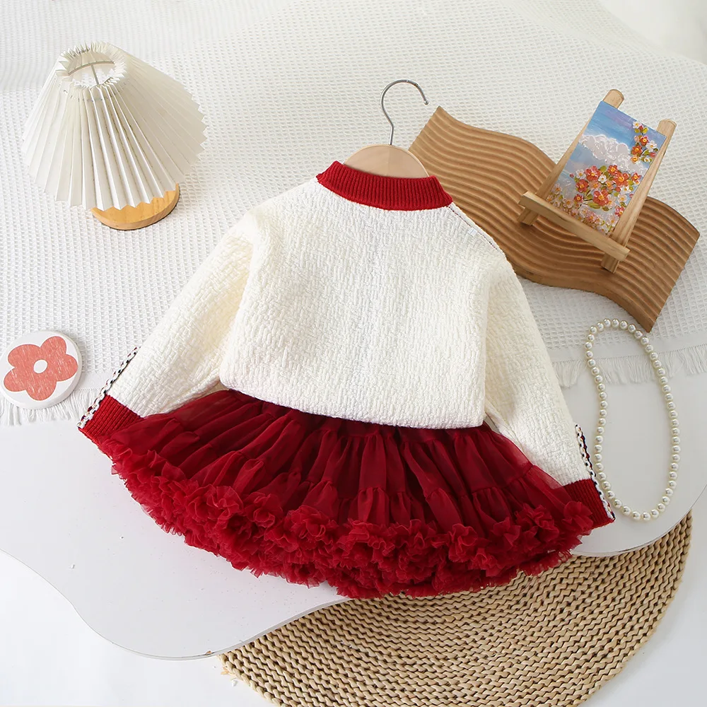 Girls' sweater set 2024 new baby girl small fragrant wind thick knit cardigan Korean version of fashion knit two-piece set