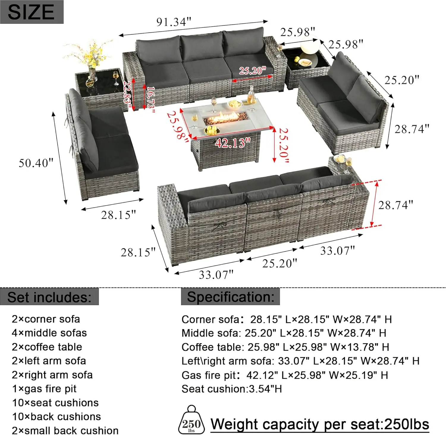 Outdoor Sectional Sofa 13 PCS PE Rattan Wicker Couch Conversation Sets with 50000 BTU Propane Fire Pit Table and Coffee Tables