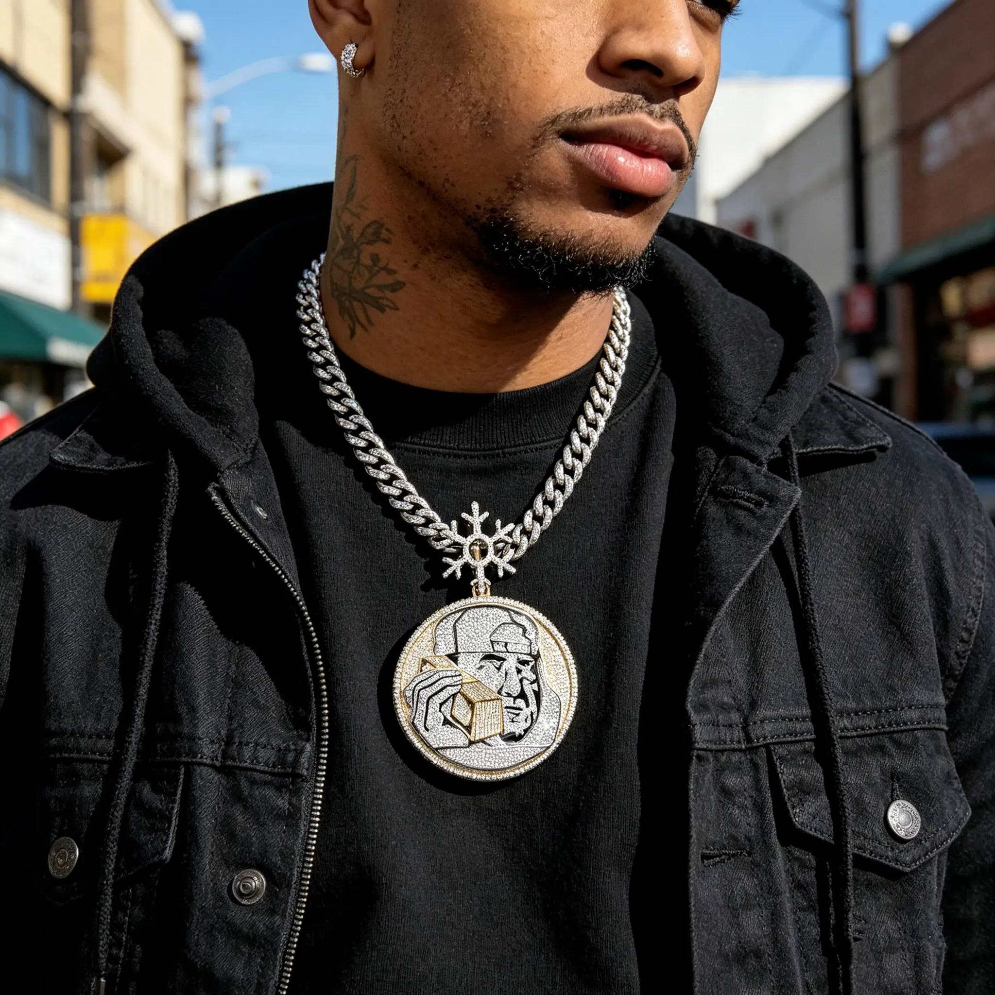 Rapper snowflake medal pendant two tone hip-hop necklace streetwear paired with round cut men's jewelry Boy Girl Father Gift