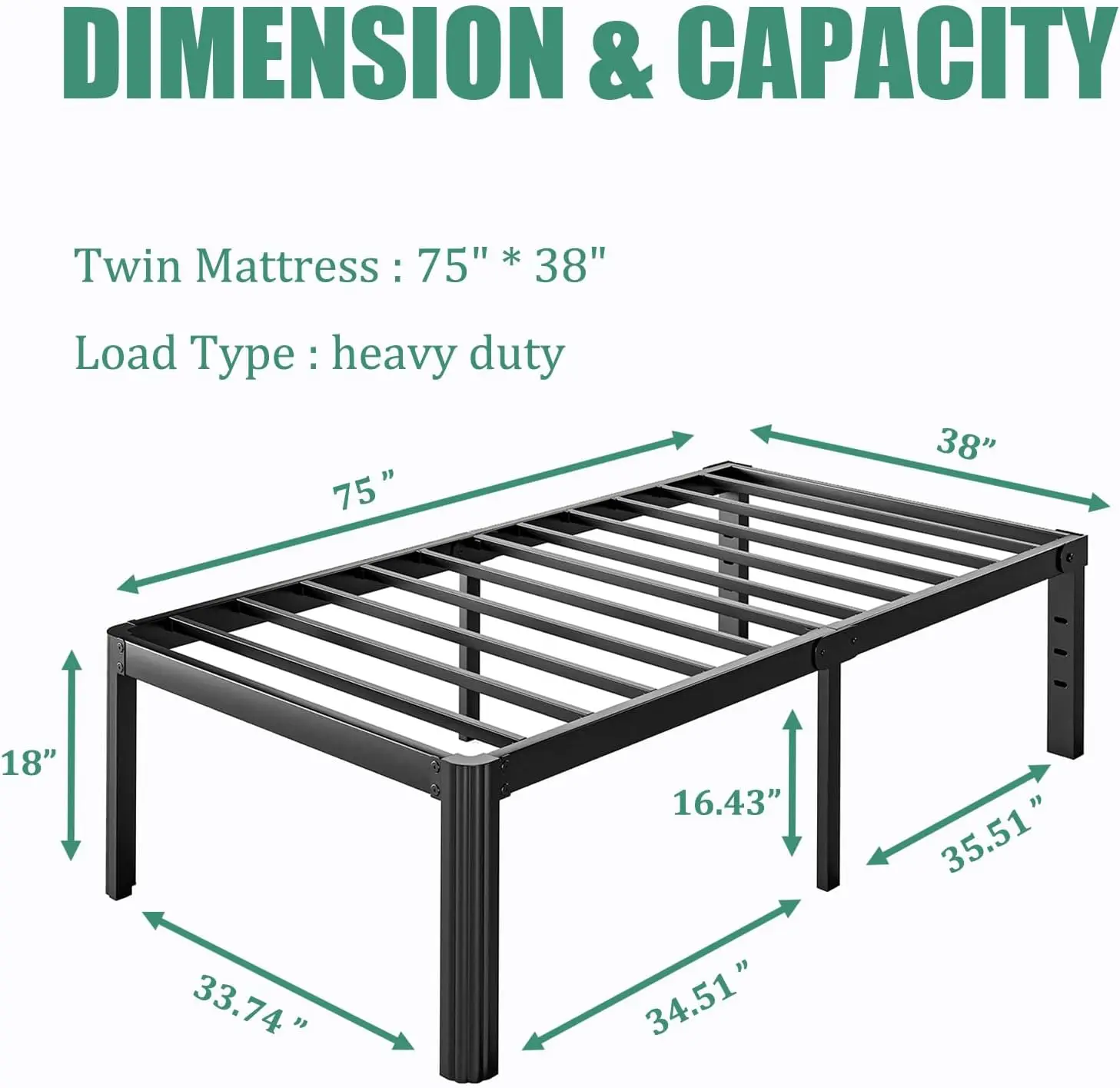 

18 H High Twin Bed Frame No Box Spring Ned, Platform Metal Bed Frame Twin, Heavy Duty, Noise Free, Easy Assembly, Bla