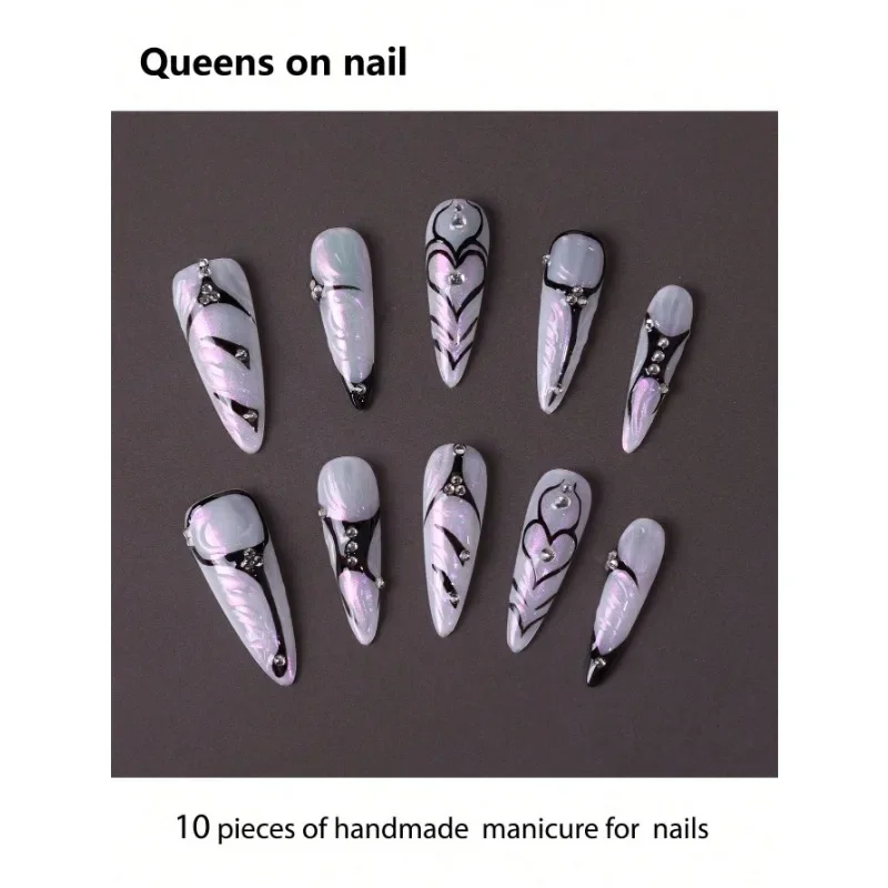 

10 Pieces Of Handmade press on Nails, Almond Style Fake Nails/Shining Diamonds/Cat Eye Gradient/Hand-Painted Graffiti/Dark Punk