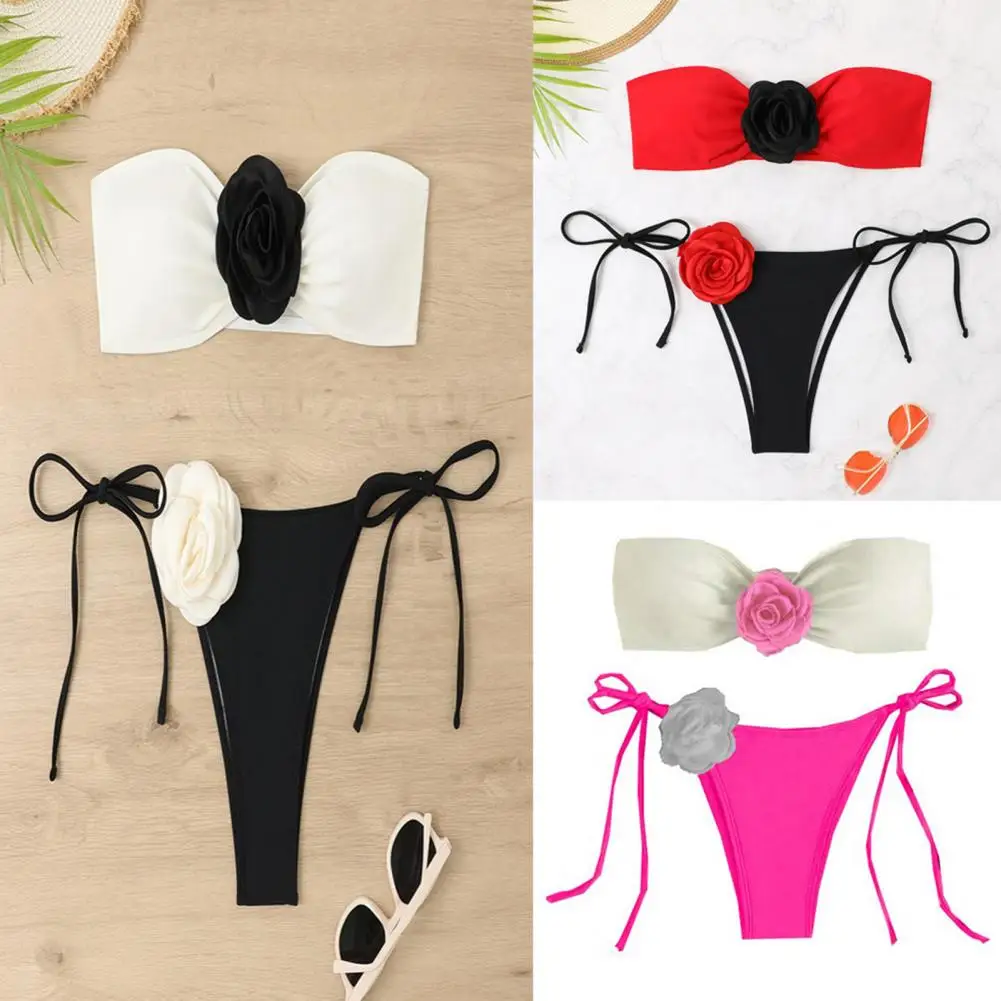 Sexy Bikini Top Stylish Off-shoulder Bikini Set with Lace-up Detail Detachable Pads Women's Colorful Patchwork for Beachwear