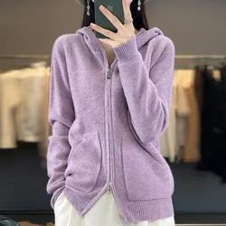 Autumn and winter 100% pure wool hooded loose cardigan sweater solid color long sleeve casual new knitted cashmere sweater