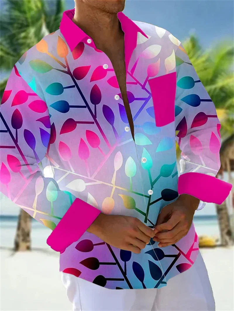 New men's long sleeved shirt with floral print collar, outdoor long sleeved street style design, casual and comfortable