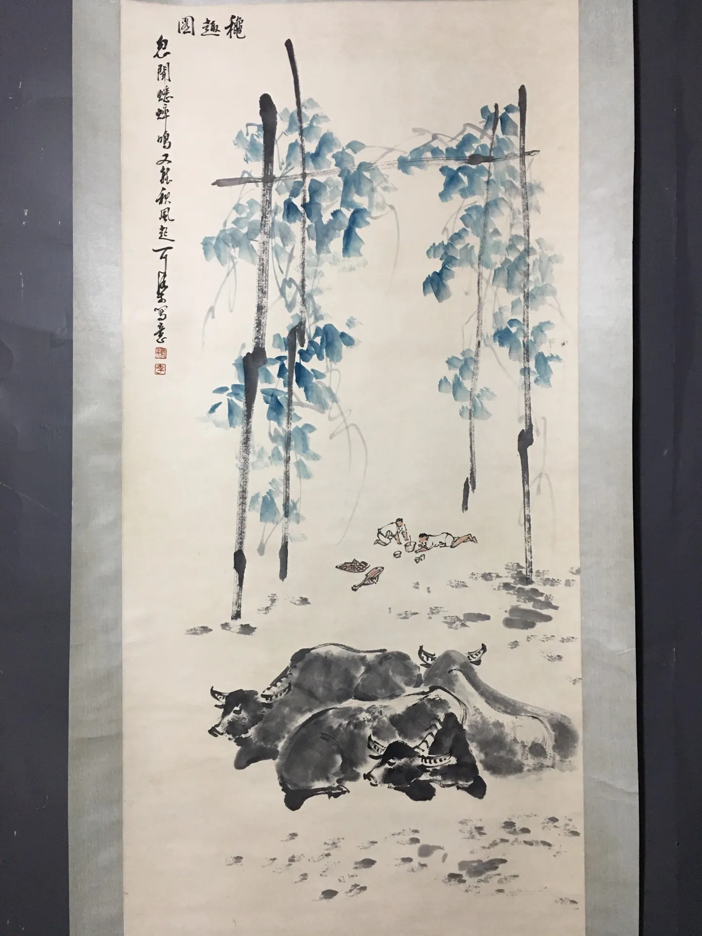 

Antique Handdrawn Chinese Scroll Nave Hall calligraphy hand painting Cattle herding by Painter Li Keran