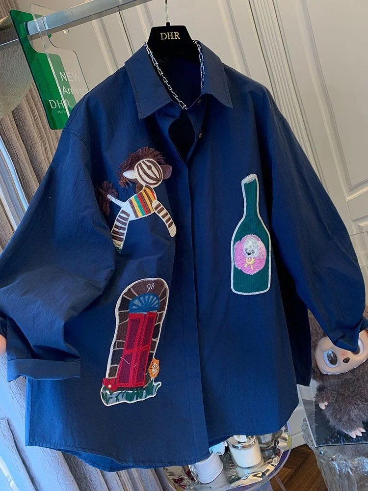 

Женская рубашка больших размеров с длинным рукавом и вышивкой, свободного кроя, весенне-осенняя, модная, удобная, в корейском стиле, для повседневной носки