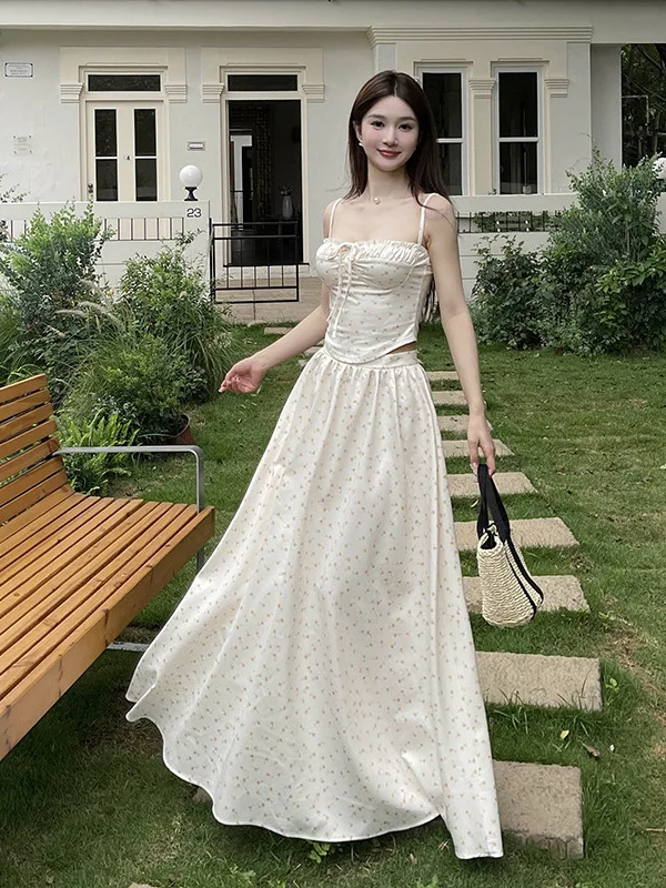 

Комплект платья с французским принтом для женщин с вырезом на бретельках и облегающей юбкой трапециевидной формы с высокой талией в пасторальном стиле феи