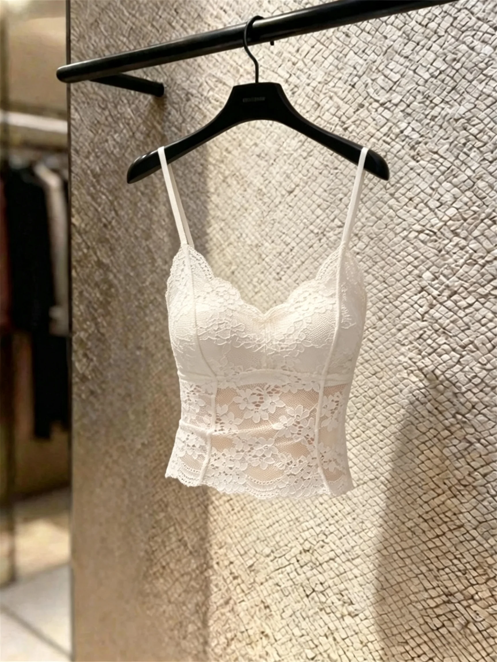High-End Sexy Lace Hollow out Strap Vest Women's Gathered Beautiful Back Inner Wear with Chest Pad Top by Nan You