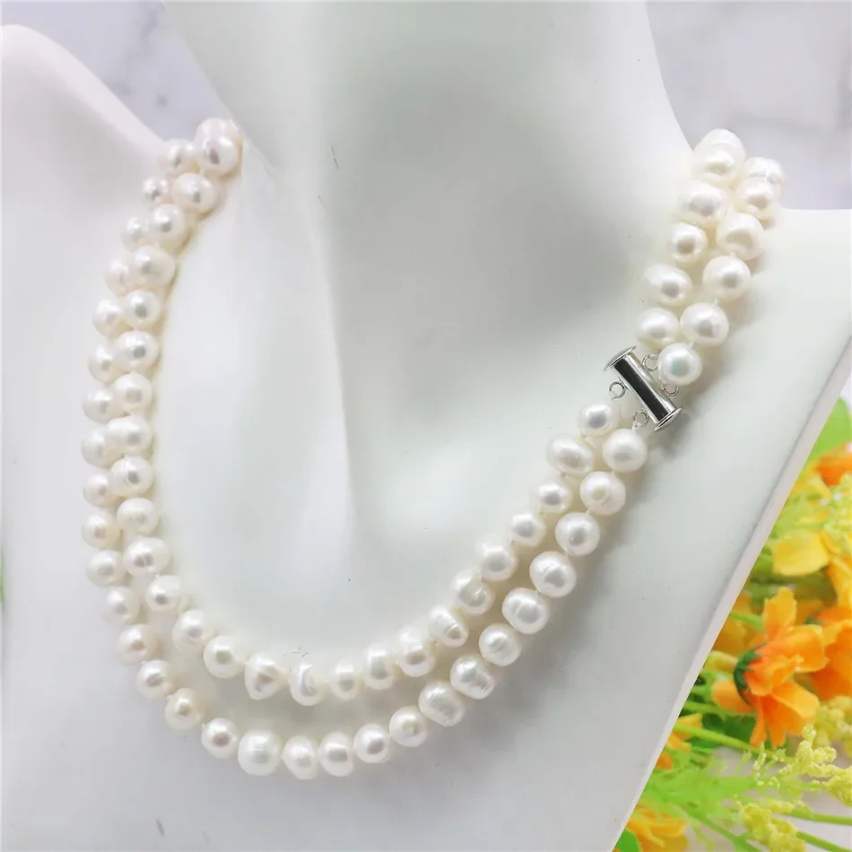 2 Rows 8-9mm White Akoya Saltwater Pearl Necklace 17-18inch Beads Hand Made Jewelry Making Natural Stone  Wholesale Price