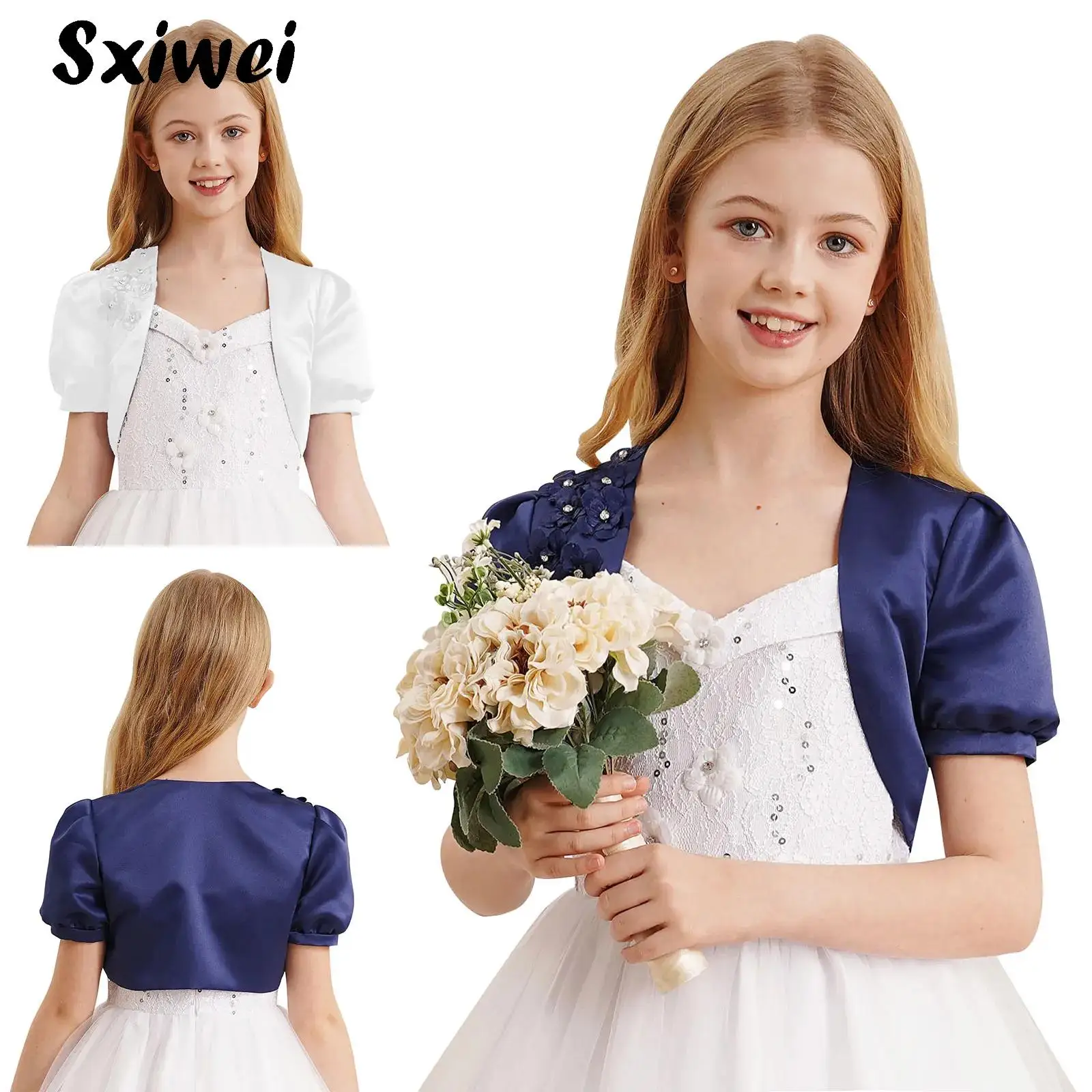 

Kids Girls Formal Satin Cap Sleeve Bolero Shrug Elegant 3D Applique Bolero Shoulder Jacket for Communion Dress Wedding Party