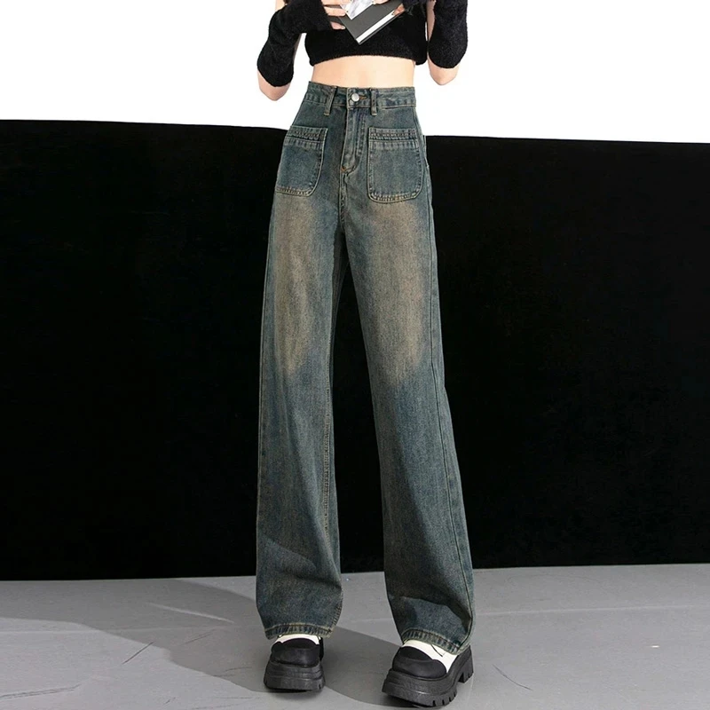 Comfortable Womens Straight Jeans Skin Friendly Leisure High Waist Wide Leg Loose Baggy Denim Trousers Street Fashion Autumn