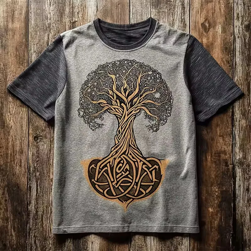 New black gold border printed short sleeved T-shirt, old contrasting color round neck men's outdoor retro top