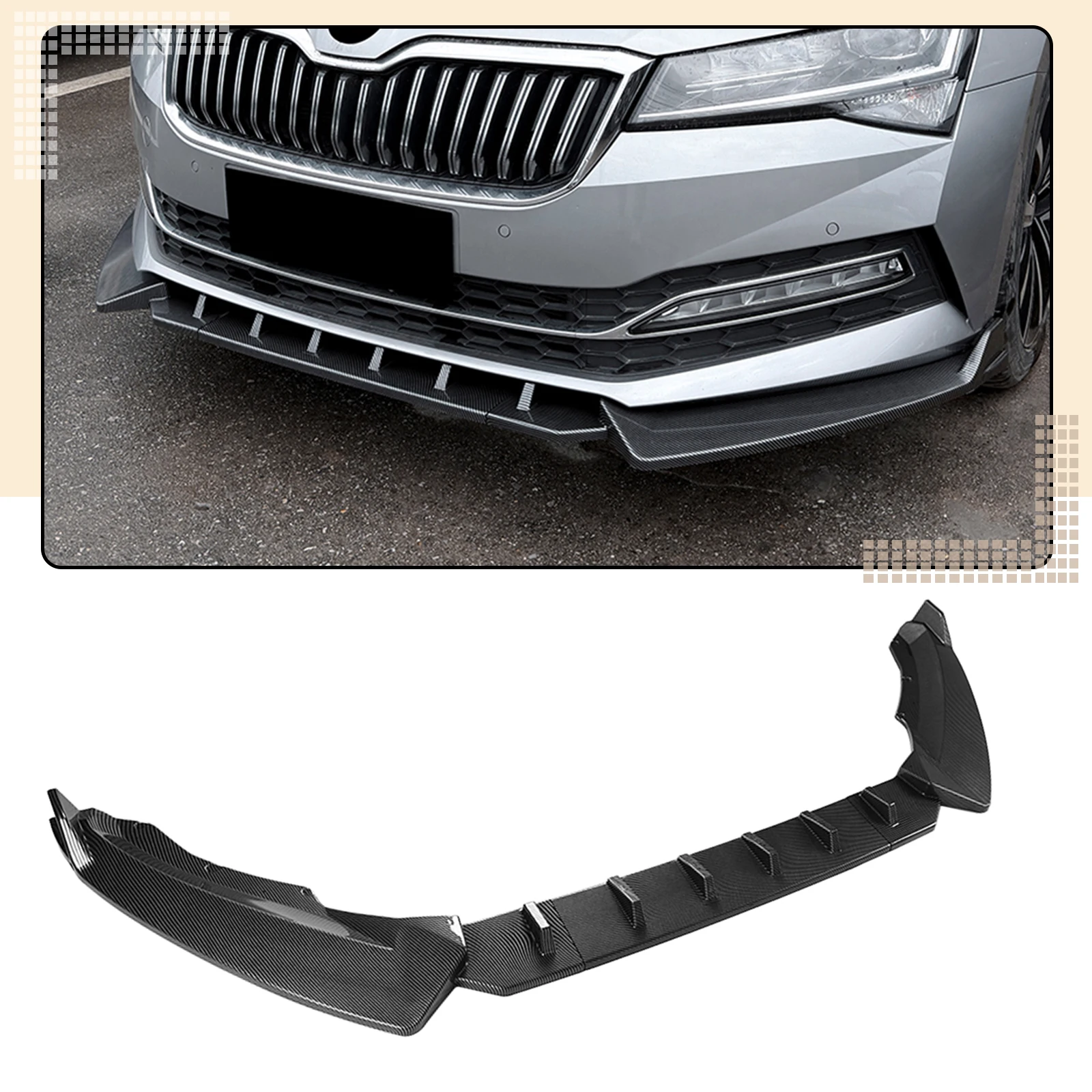 Gloss Black/Carbon Fiber Look Front Lip Bumper Spoiler For Skoda Superb B8.5 2019 2020 2021 2022 Lower Splitter Blade Protector