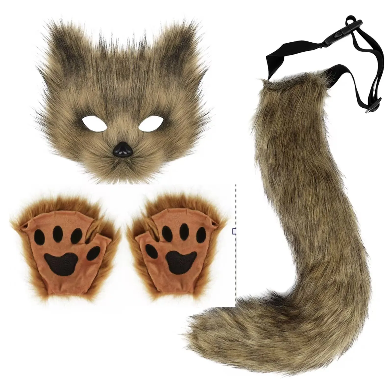 Fluffy Fur Fox Tail Keychain Cat Paws Gloves And Wolf Therian Mask Set For Halloween Cosplay Costume Accessories Mask Sets