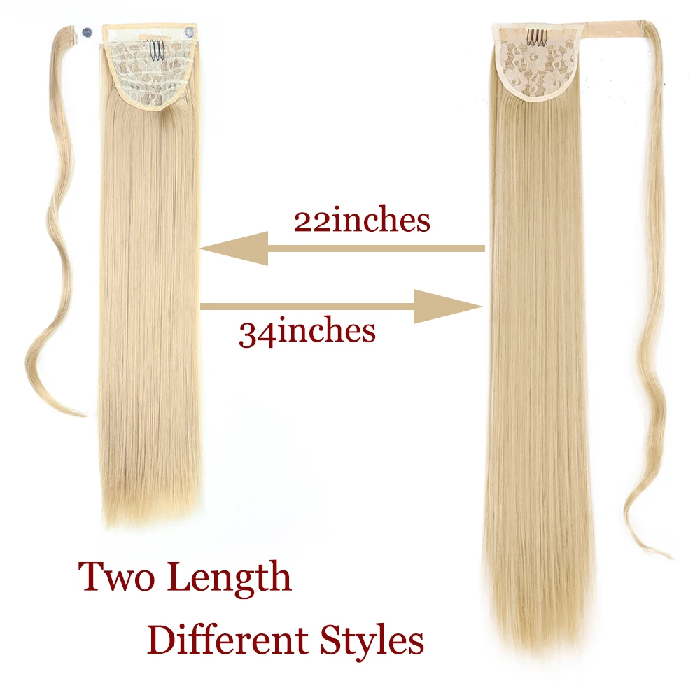 22 34inches Long Straight Ponytail Synthetic Extensions Heat Resistant Hair Wrap Around Pony Hairpiece for Women