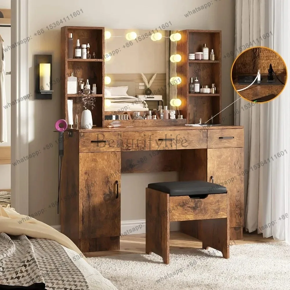 Large Makeup Vanity Table with Lighted Mirror And Power Strip - Adjustable 3 Lighting Modes Lots of Storage Vanity