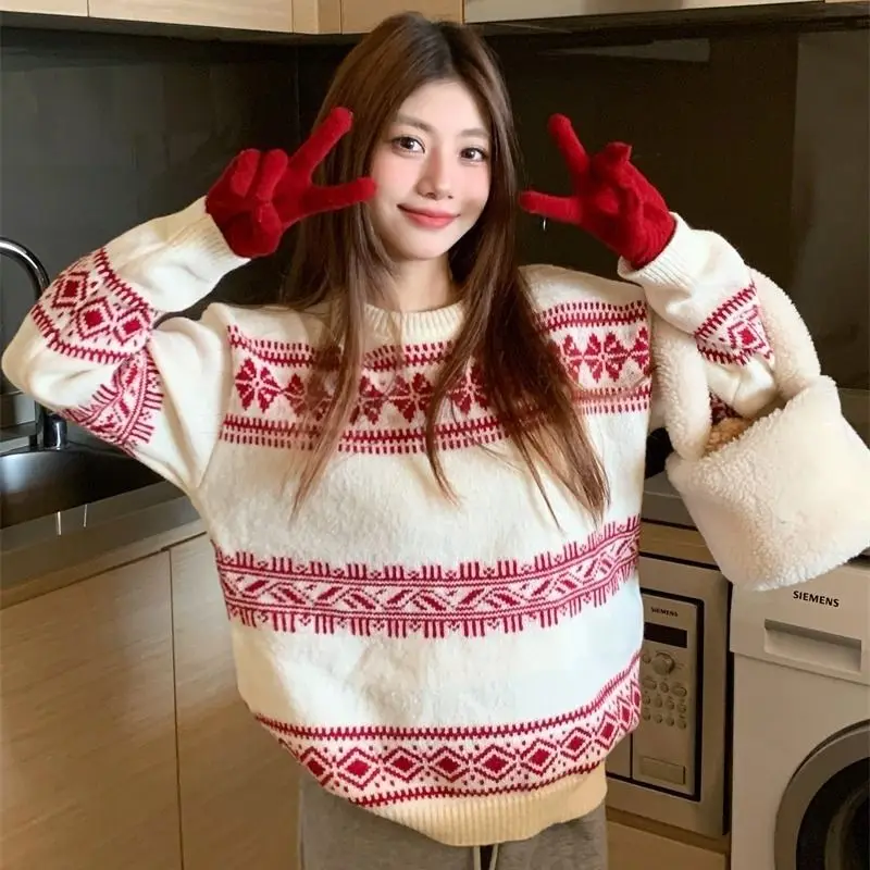 

Женская одежда, осенне-зимний новый свободный утепленный рождественский свитер, вязаные топы, ретро, новогодний пуловер, модный универсальный