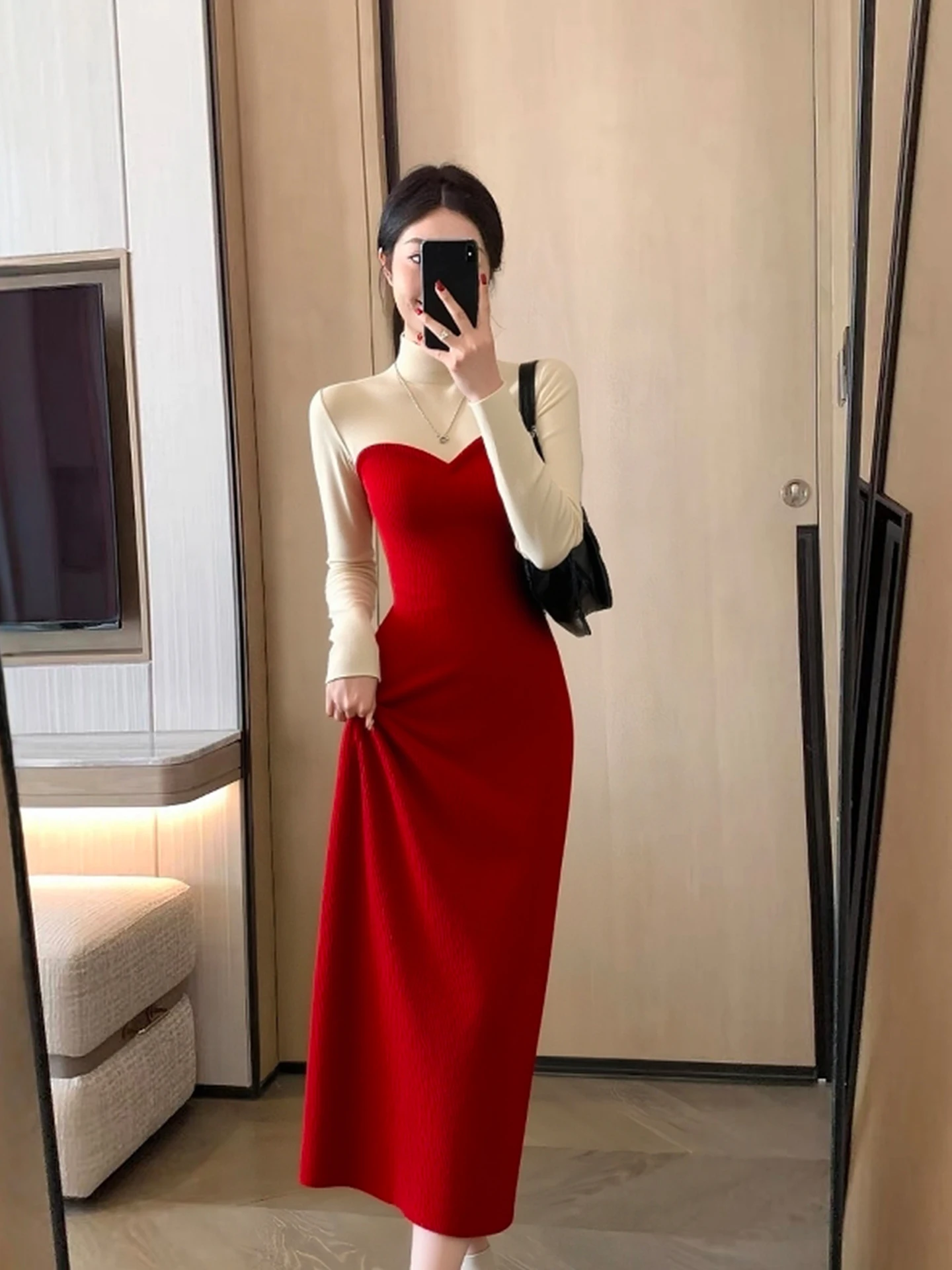 

Цветная блузка с высоким воротником, длинная Dr Ele, повседневная красная базовая юбка, зимние Cisas, красная аосфера Dr, корейский Sle, облегающий крой