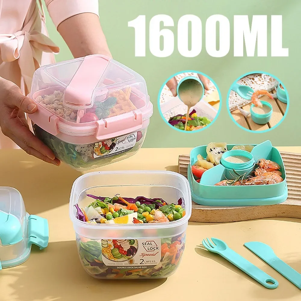 

1.6L Portable 2 Layer Lunch Box Fruit Salad Food Storage Container Set with Fork Microwave Safe Bento Box for Picnic School