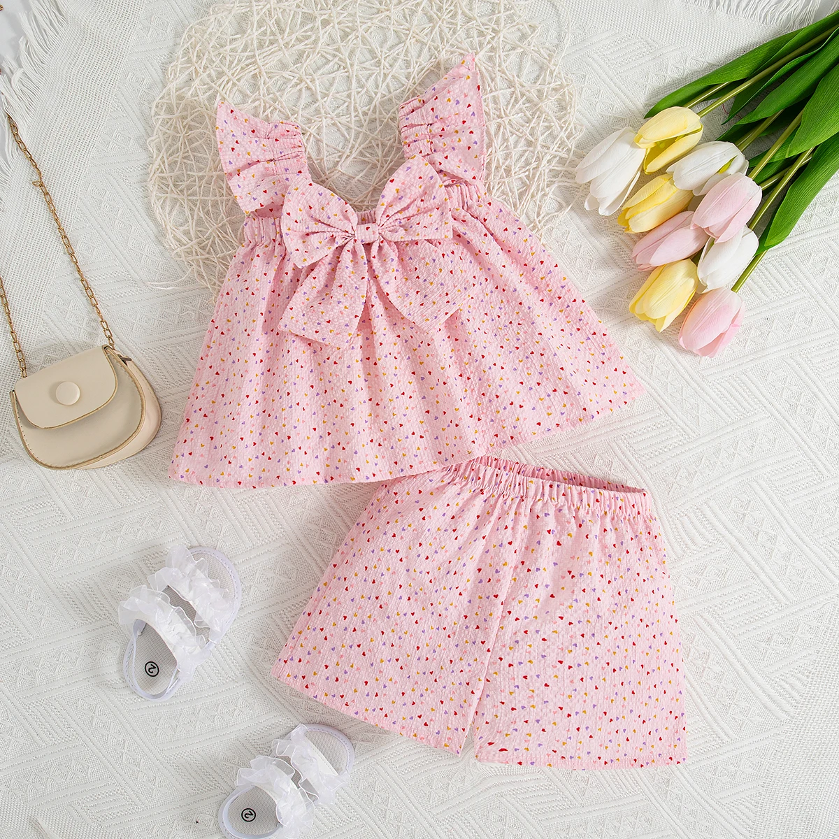 2pc/Set Baby SetS Summer Cotton Bow Top And Shorts Baby Clothing Adorable All-Over Heart Print Girl's Beach Set