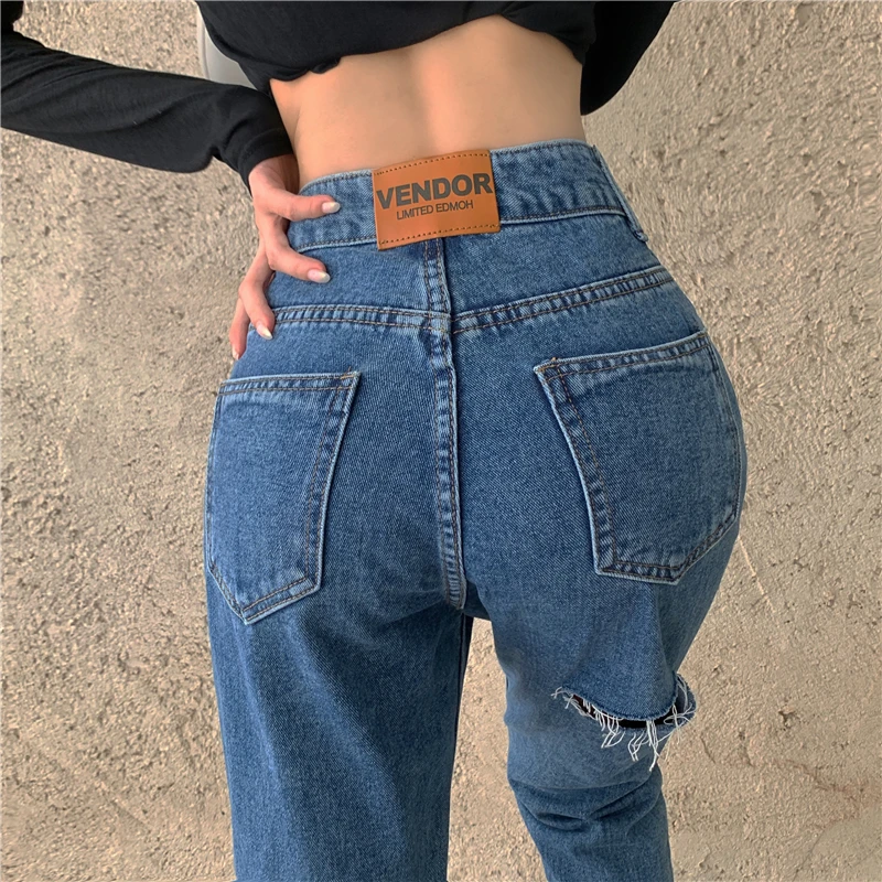 

High Waist Straight Jeans For Women Holes Ripped Ankle-length Denim Pants Female Summer Jean Korean Fashion Fall Trousers 0177