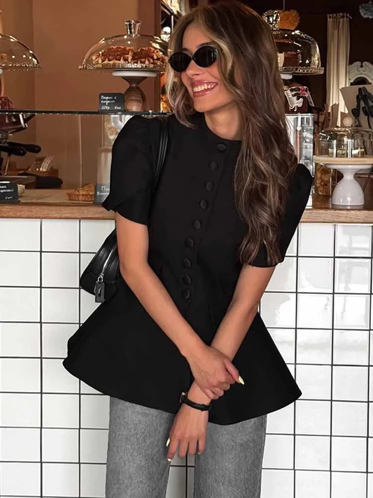 MCDV-Camiseta informal de un solo pecho para mujer, chaqueta elegante con cuello levantado y manga corta abombada, traje adelgazante de cintura alta, ropa de calle 2025