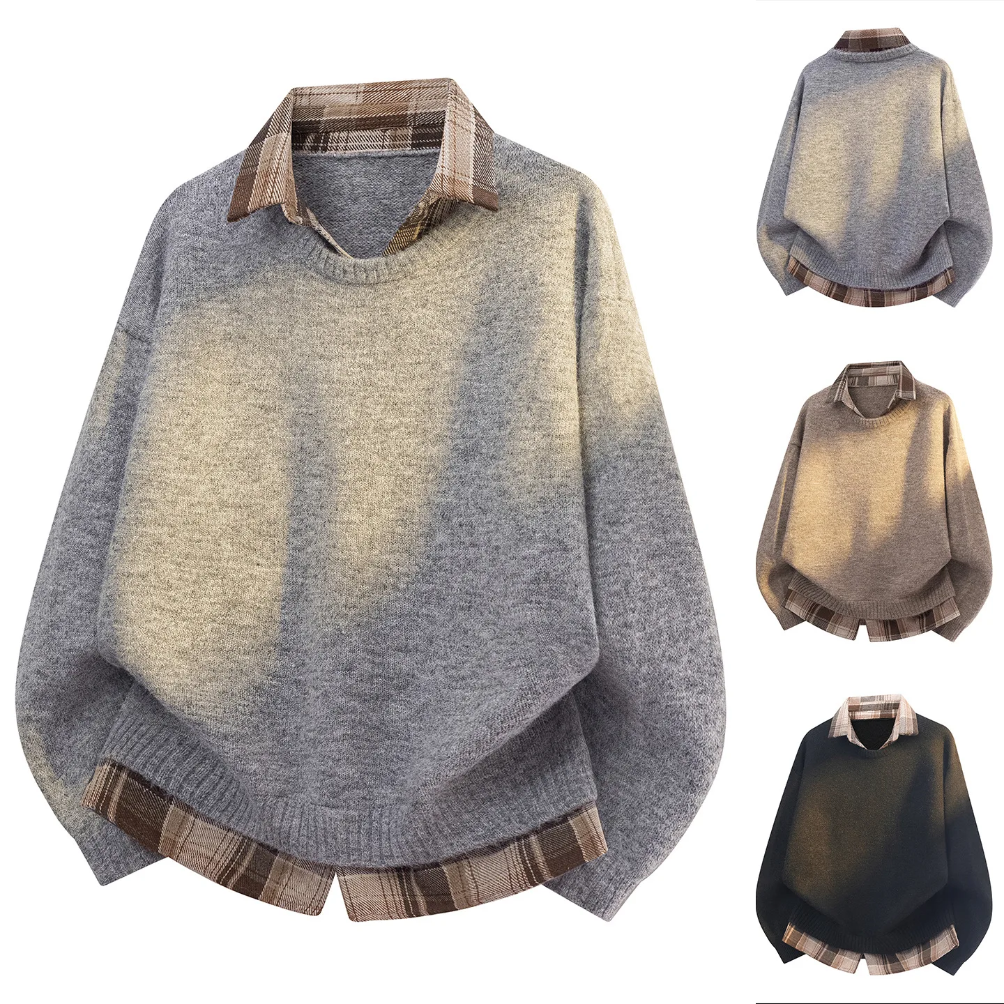 Autumn Winter Fake Two-Piece Plaid Lapel Knit Polo Sweater Men's Premium Business Casual Top
