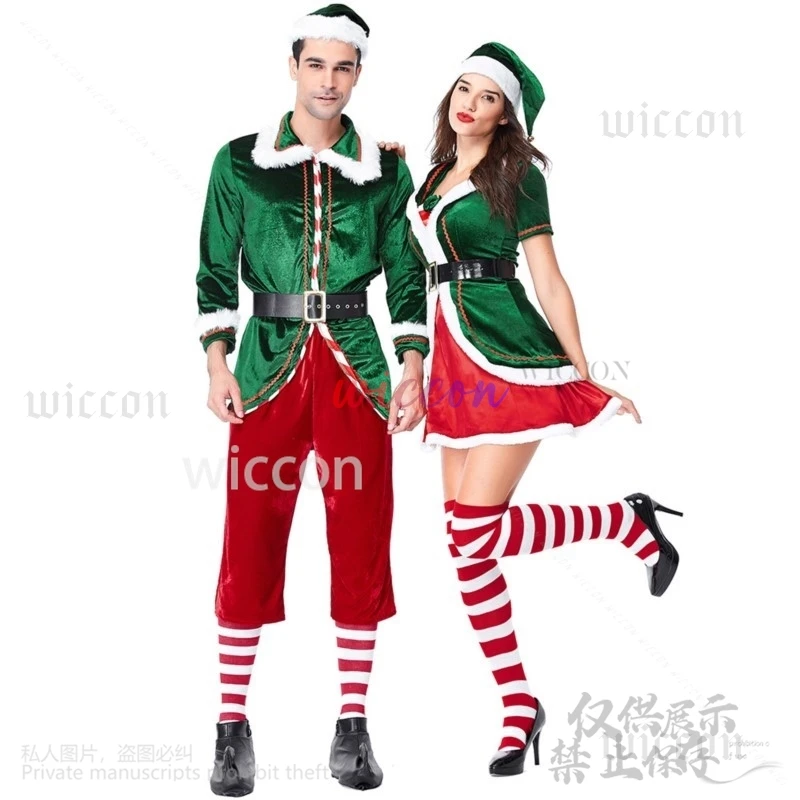 Adult Women Men Santa Claus Xmas New Year Carnival Party Cosplay Boy Girl Green Elf Couple Claus Costume Christmas Customized