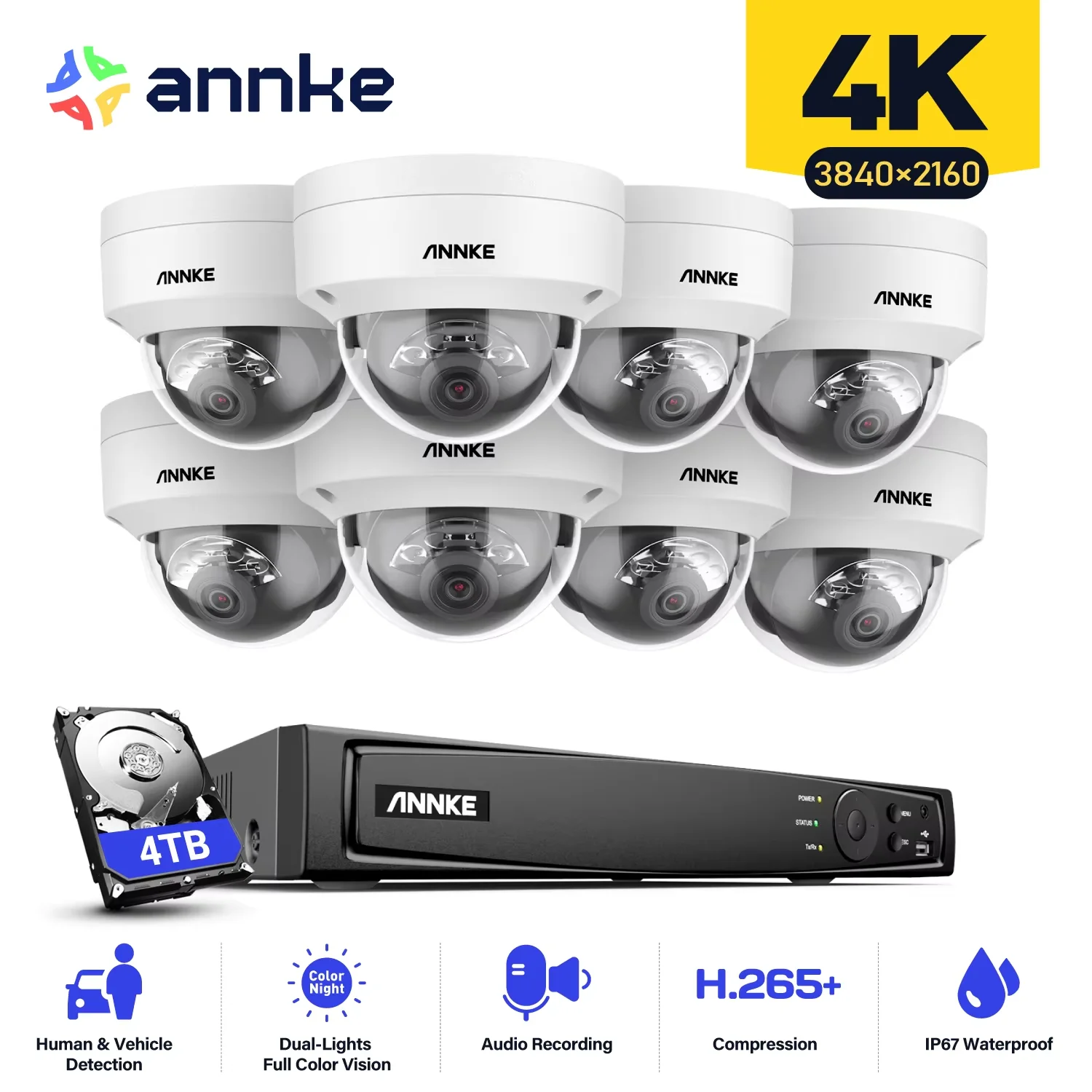 

ANNKE 8CH 4K IP Camera Security System 265+ 8MP Poe Camera Two Way Audio Video Surveillance CCTV 4MM Lens Support 256G Card IP67