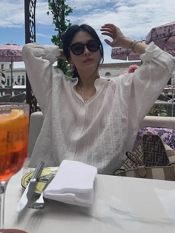 Losse dames witte getextureerde irt zomer casual zonbescherming katoen button-up lange Sve halflange kraag pure kleur