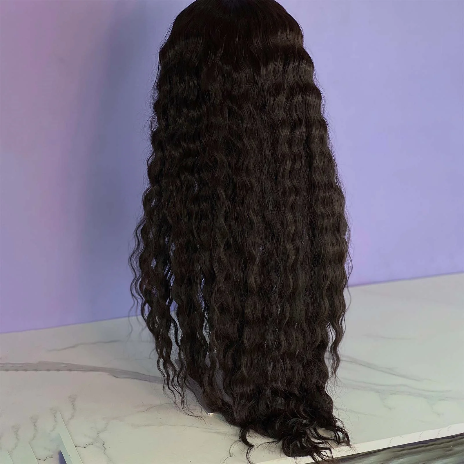 Peruca frontal de renda encaracolada profunda para mulheres, cabelo sintético, frente de renda, natural, longo, preto, preto, festa