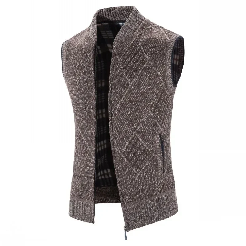 

2023 New Men's Standing Neck Plush Thickened Large Diamond Pattern Sweater Knitted Cardigan Vest