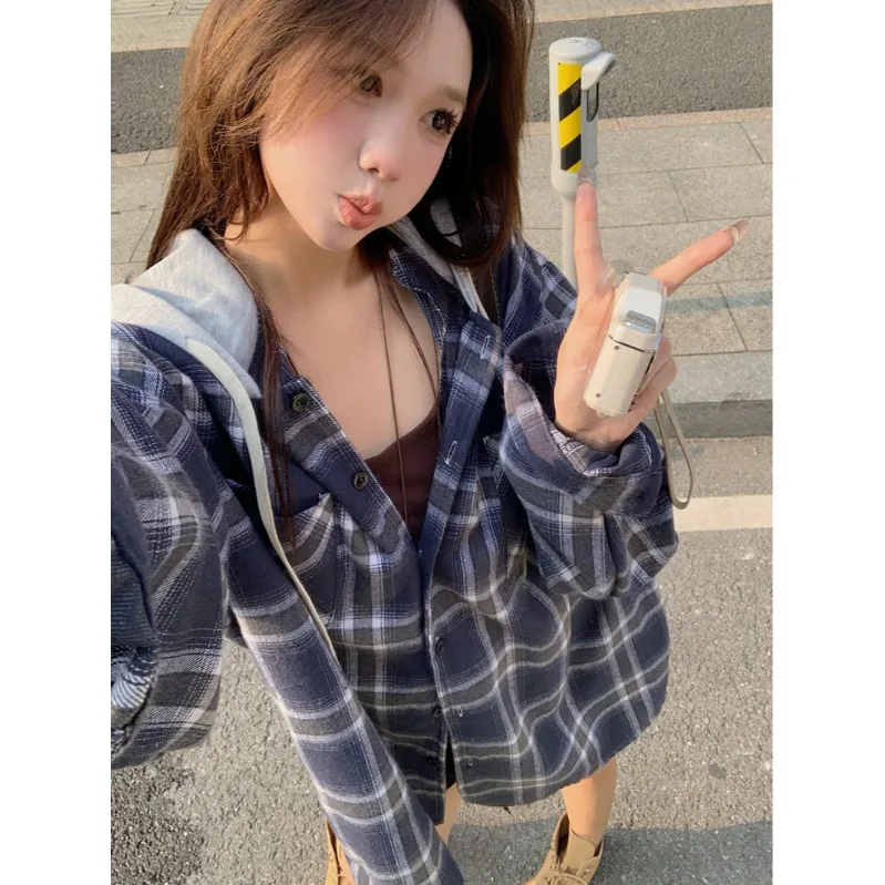 

Retro Plaid irt Women's Loose Lazy Sle Sun Protection Coat Casual Faion Korean Version Spring Summer Breathable Cotton