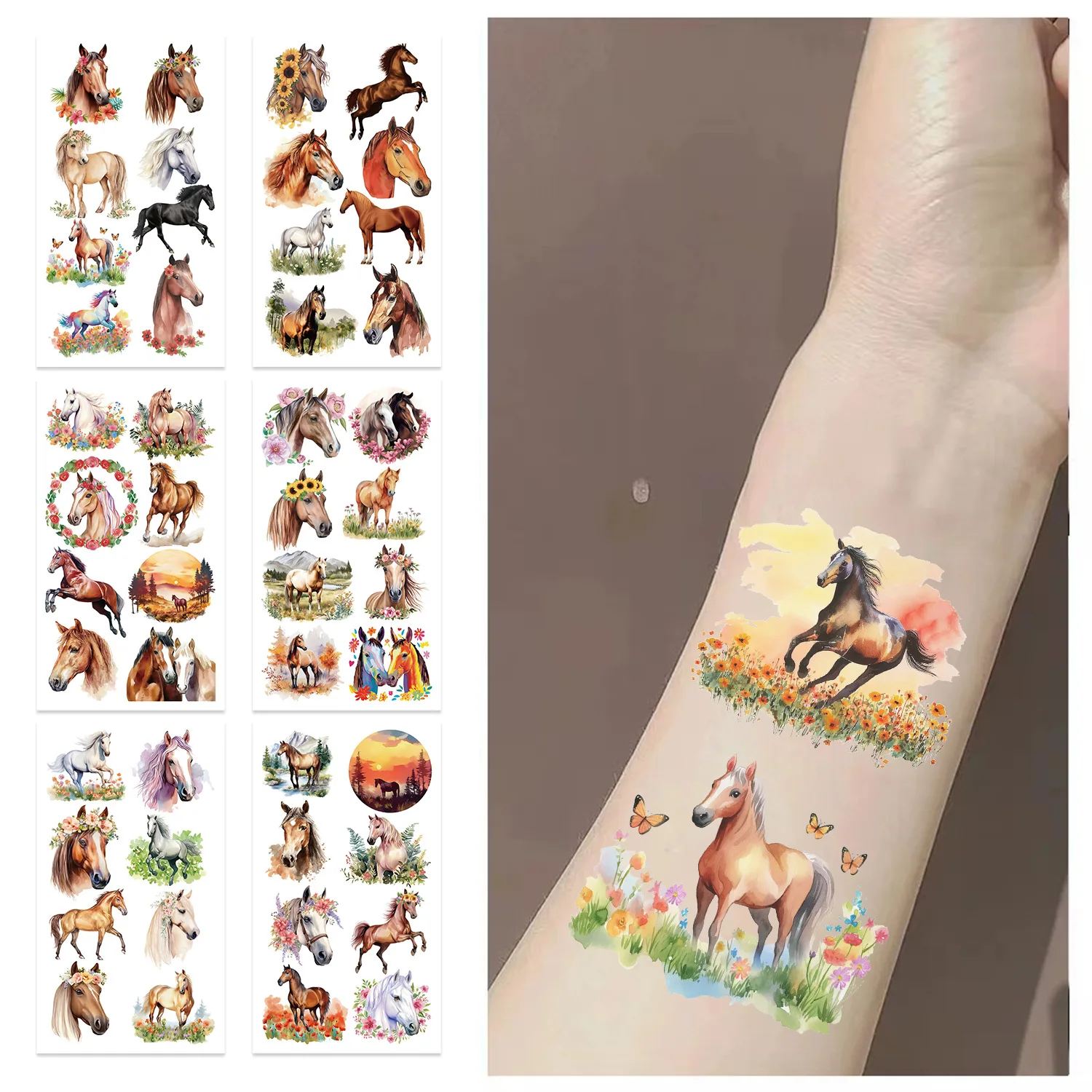 10Pcs/Set New Colorful Temporary Horse Tattoos Stickers Cute Horse Fake Temporary Tattoos Horse Tattoos Stickers Decoration