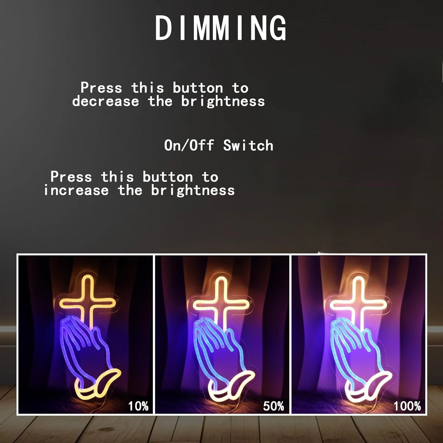 Praying Hands with Cross Neon Sign USB Dimmable LED Christian Wall Light for Church Prayer Room Religious Faith Home Decor Gift