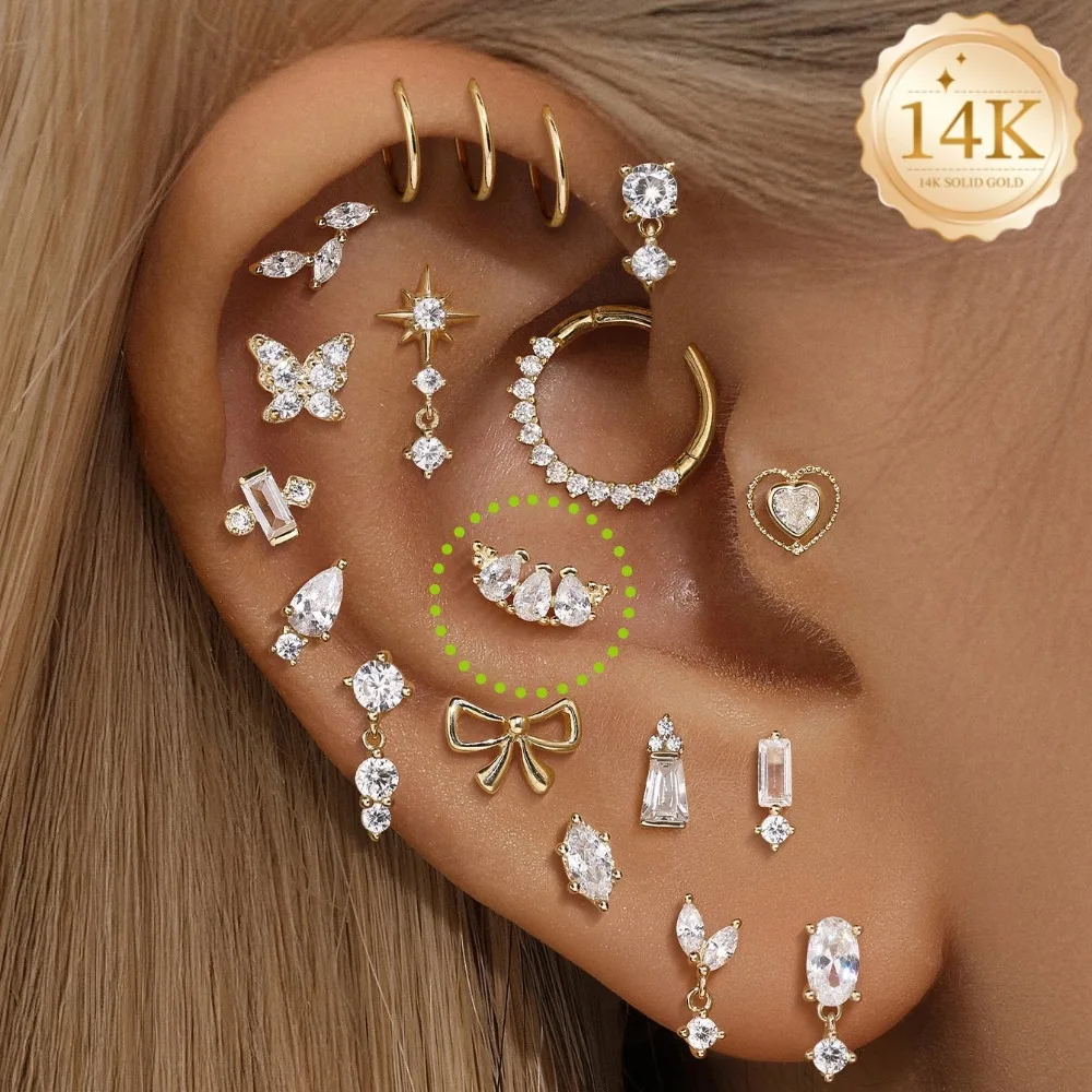 DIeSchein 14K Solid Gold Piercing Stud Earrings Minimalist Tiny Earrings for Women Waterproof Cartilage Helix Piercing Earrings