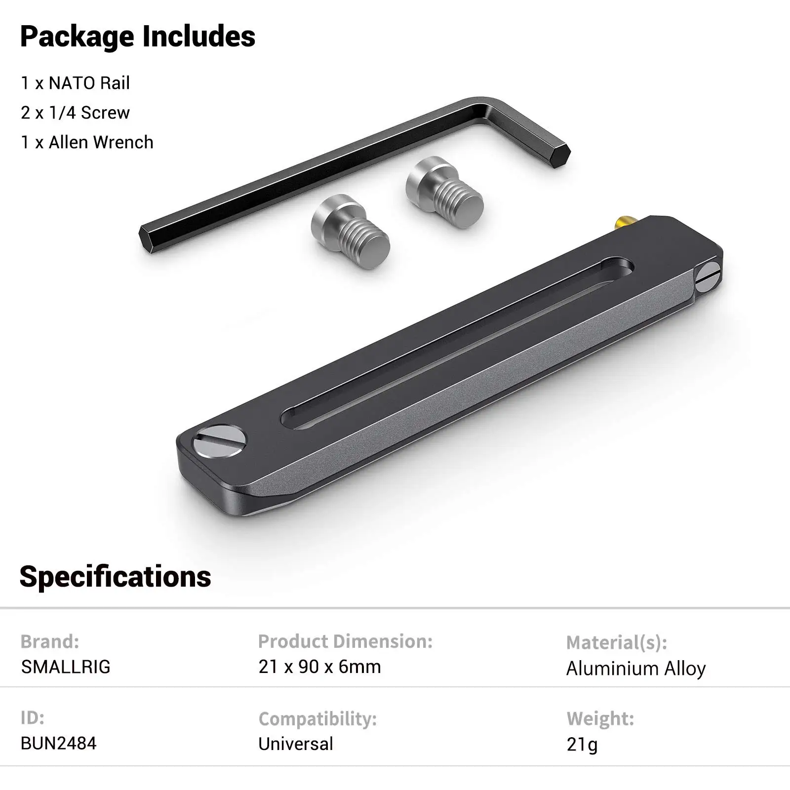 SmallRig Universele Low-Profile Quick Release NATO Rail Veiligheidsrail 50/70/90mm met 1/4 Schroeven voor NAVO Handvat Camera Kooi EVF Mount