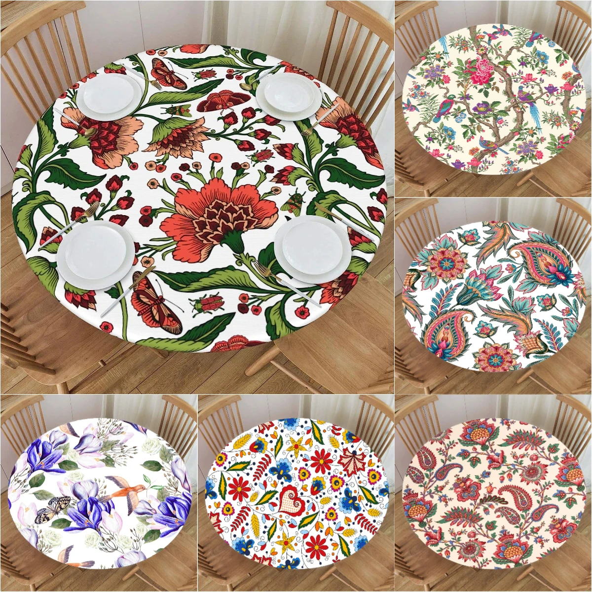 

Paisley Flowers Round Tablecloth Elastic Edged Fitted Waterproof Table Cover Mandala Bohemian Style Tablecloths for Dining Party