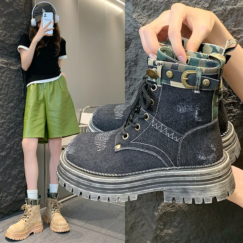 

Korean Style Cowboy Boots Retro Fashion Breathable Short Summer Thick-Soled Women's Boots British Style Workwear Trendy Boots