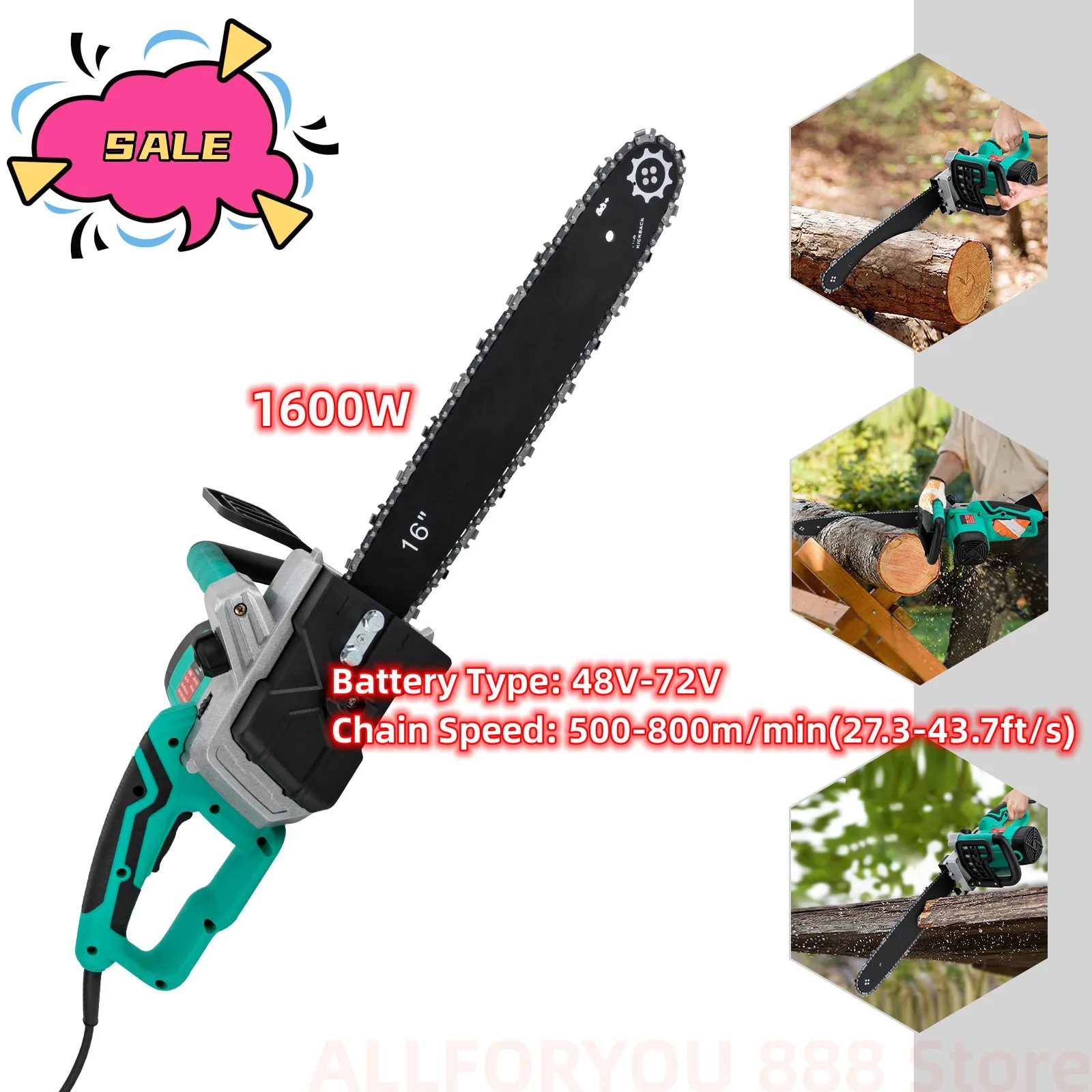 16 Inch Brushless Chainsaw 1600W Outdoor Wood Cutting Chain Saw Battery Powered Woodworking Saw Garden Cutting Tool 48V-72V