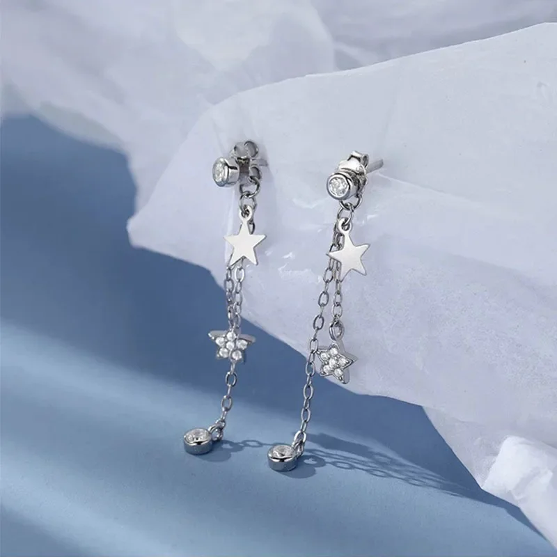 Elegant Tassel Dangle Earrings For Women Shiny Micro Crystal Zirconia Copper Chain Female Cute Stars Drop Ear Jewelry Accessory