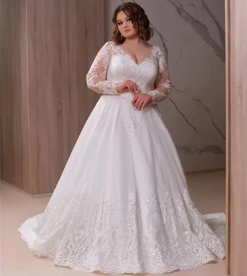 Plus Size 2022 A Line Wedding Dresses Bridal Gowns V Neck Illusion Long Sleeve Lace Appliqued Sweep Train Vestidos De Novia