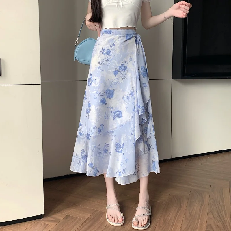 

Floral Print Asymmetrical ter Ne Dr Women's Summer Beachwear Sweet Sle Midi Skirt Polyester Fabric A-Line Skirt