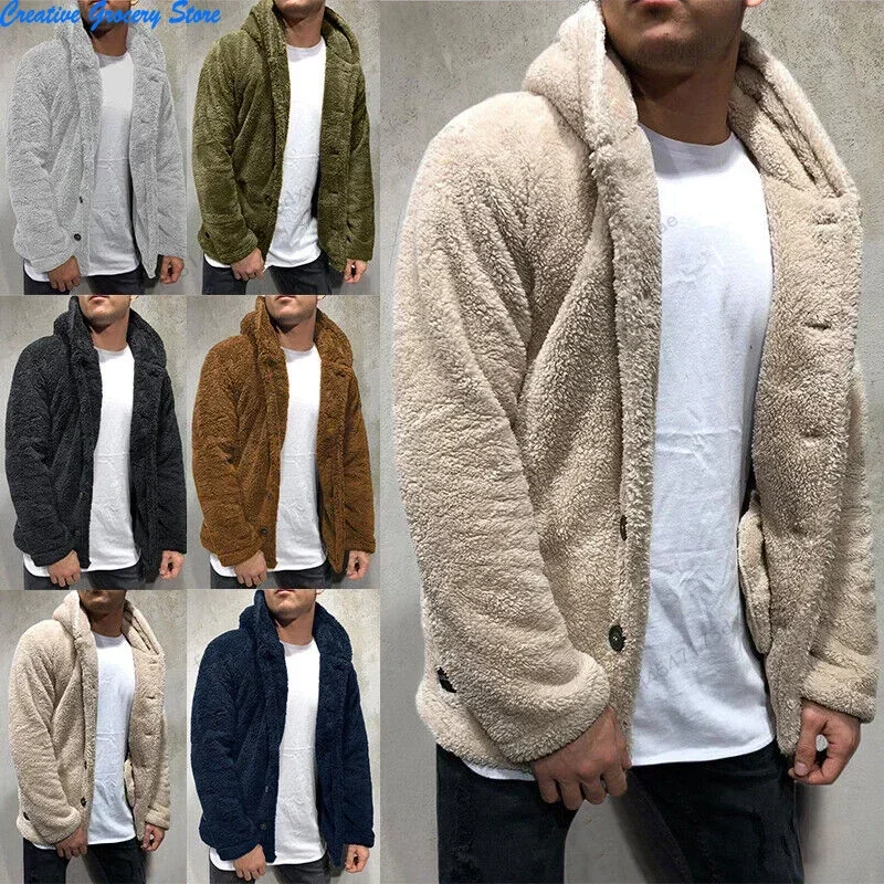 Men's Teddy Bear Fleece Coat Cardigan Winter Warm Hooded Coat Fashion Solid Color Long Sleeve Pocket Button Hooded Warm Coat