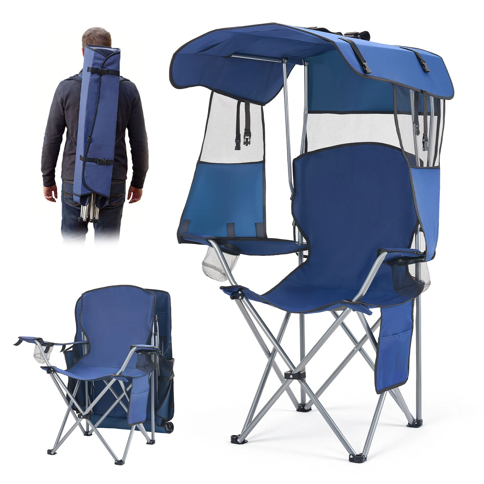 

Folding Camping Chair with Shade, Portable Beach Chair with Storage Pocket, Dual Cup Holders, 330 lbs Weight Capacity, Carry Bag