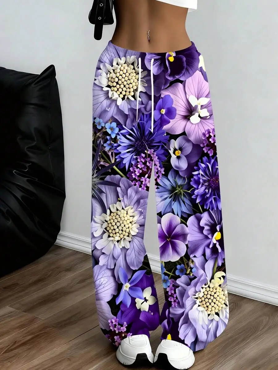 Floral Print Sweatpants Purple Flowers Pattern Casual Loose Fit Pants For Women Comfortale Yoga Pants Suitale For Leisure And
