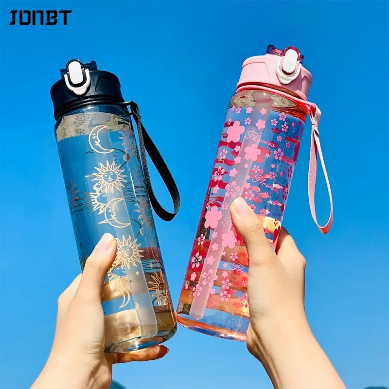 

800ML Creative Cherry Blossom Space Cup Portable Pop-Up Lid Transparent Plastic Straw Water Bottle Leakproof Drinkware Water Cup